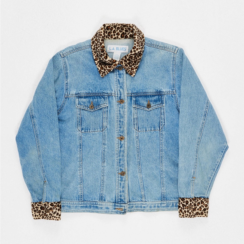 ✨ Vintage Leopard Trim L. A. Blues Denim Jacket – Y2K / Lizzie McGuire Vibes ✨